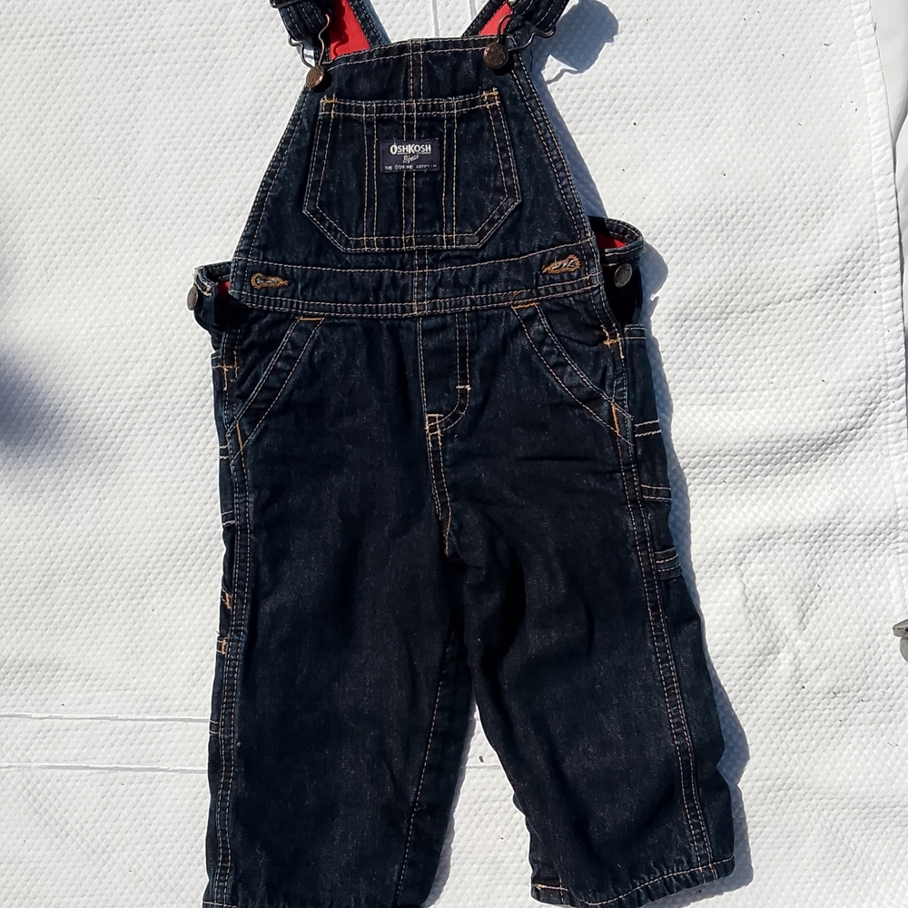 OshKosh 12 Mo Dark Wash Red Fleece Lined Infant Toddler Bib Overalls EUC